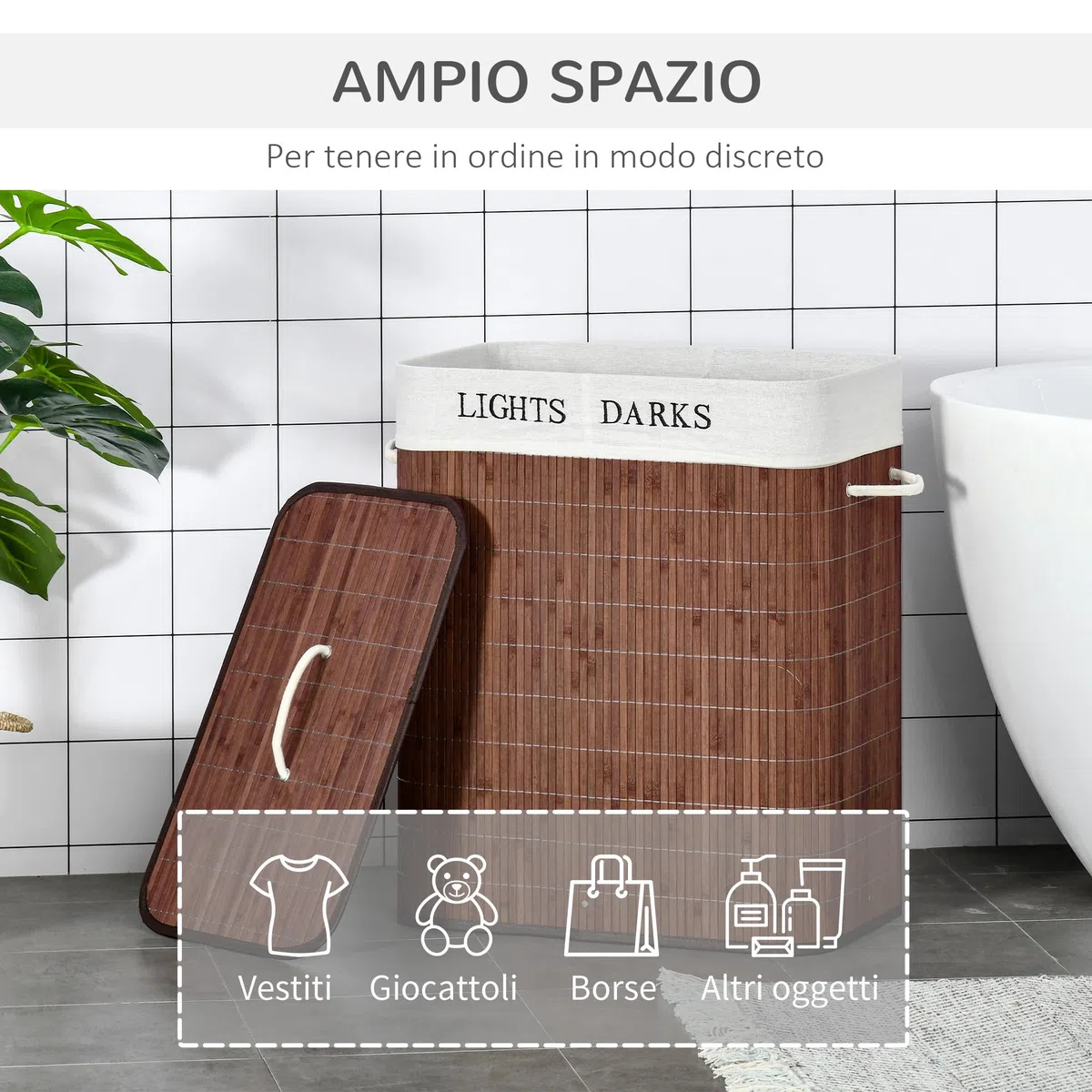 HOMCOM Cesto Portabiancheria in Bambù da 100L, Cesto Portabiancheria Salvaspazio con Coperchio e Maniglie, Moderno, Sacco in Tessuto, 2 Scomparti per Panni Sporchi, Marrone