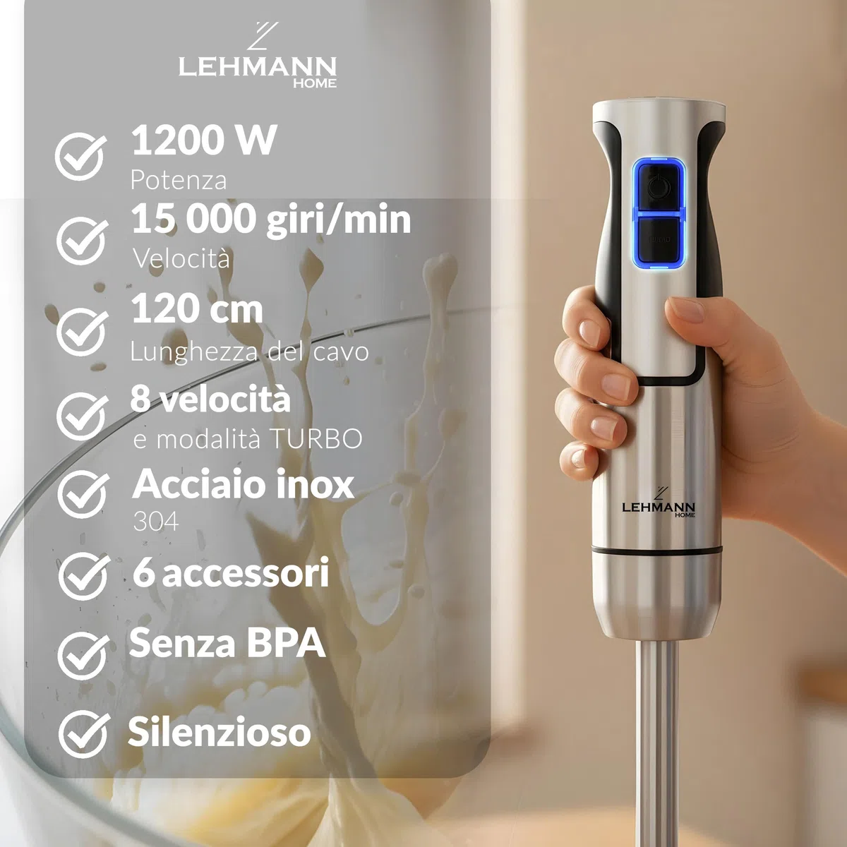 LEHMANN Chowmei Frullatore a Immersione 1200 W, Set 5-in-1 con Frusta, Sbattitore, Tritatutto 600 ml, Misurino 860 ml, Regolazione Velocità a 8 Livelli, Funzione Turbo, Senza BPA, Argento