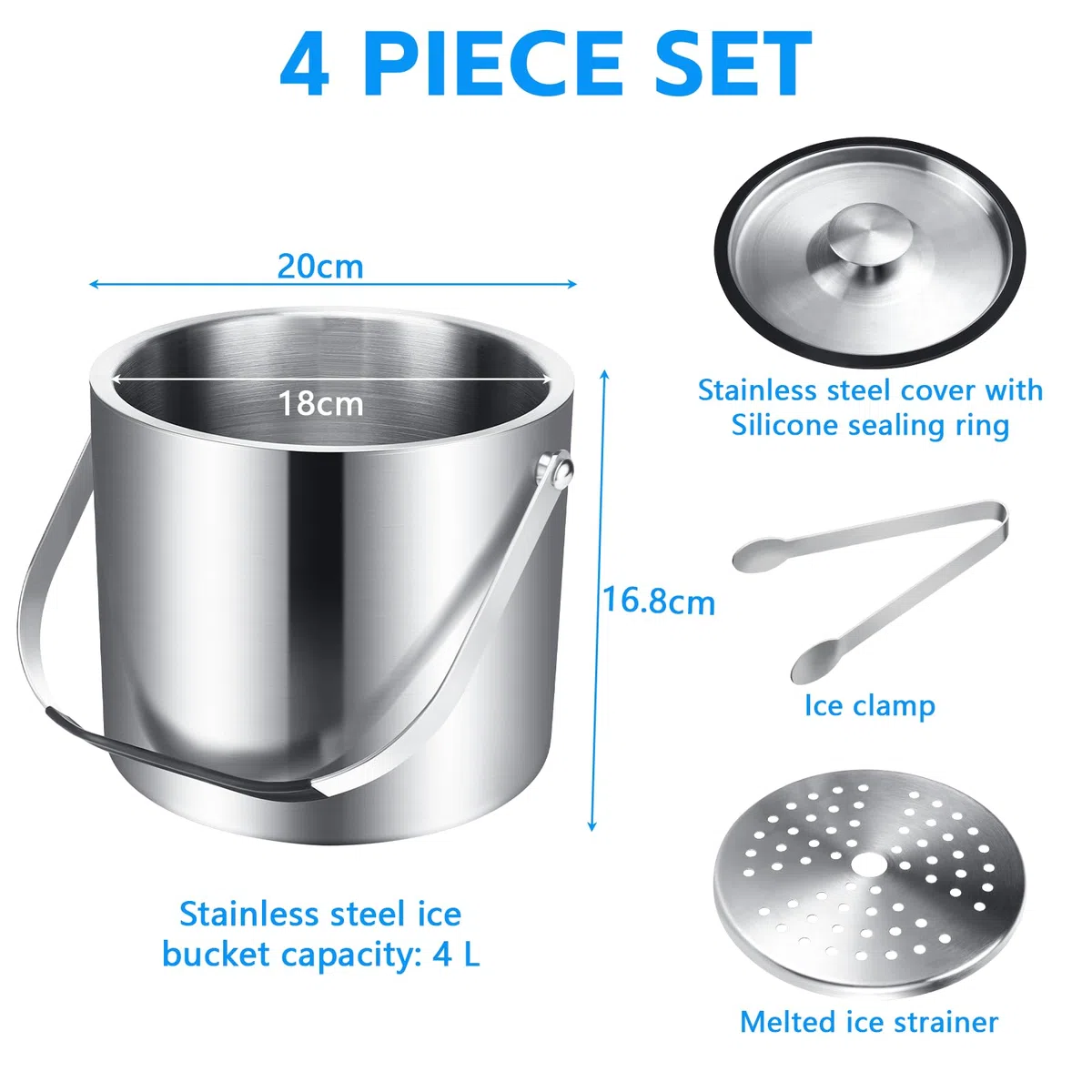 Tapvai Secchiello Ghiaccio 4L Acciaio Inox A Doppia Parete Isolante, con Coperchio in Silicone, Pinze E Filtro, Porta Ghiaccio per Secchi per Ghiaccio A Temperatura Costante in Feste, Cocktail E Bar