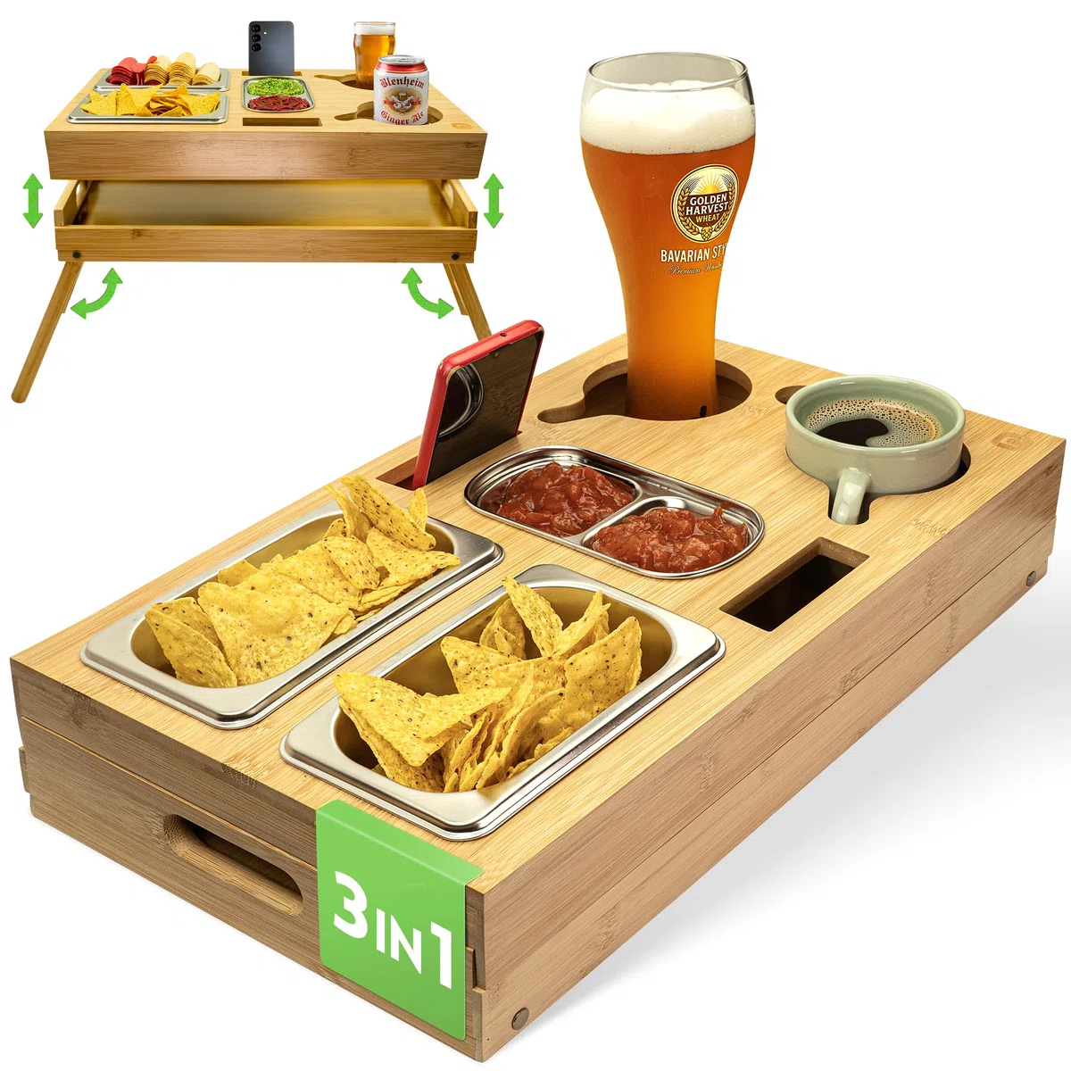 naturlik Vassoio da Divano 3 in 1 con Gambe Pieghevoli in Bambù – Portasnack XL 46x27,5cm, Tavolino da Letto Porta Laptop – 3 Ciotole Acciaio Inossidabile, Portabicchieri – Soggiorno, Camera da Letto