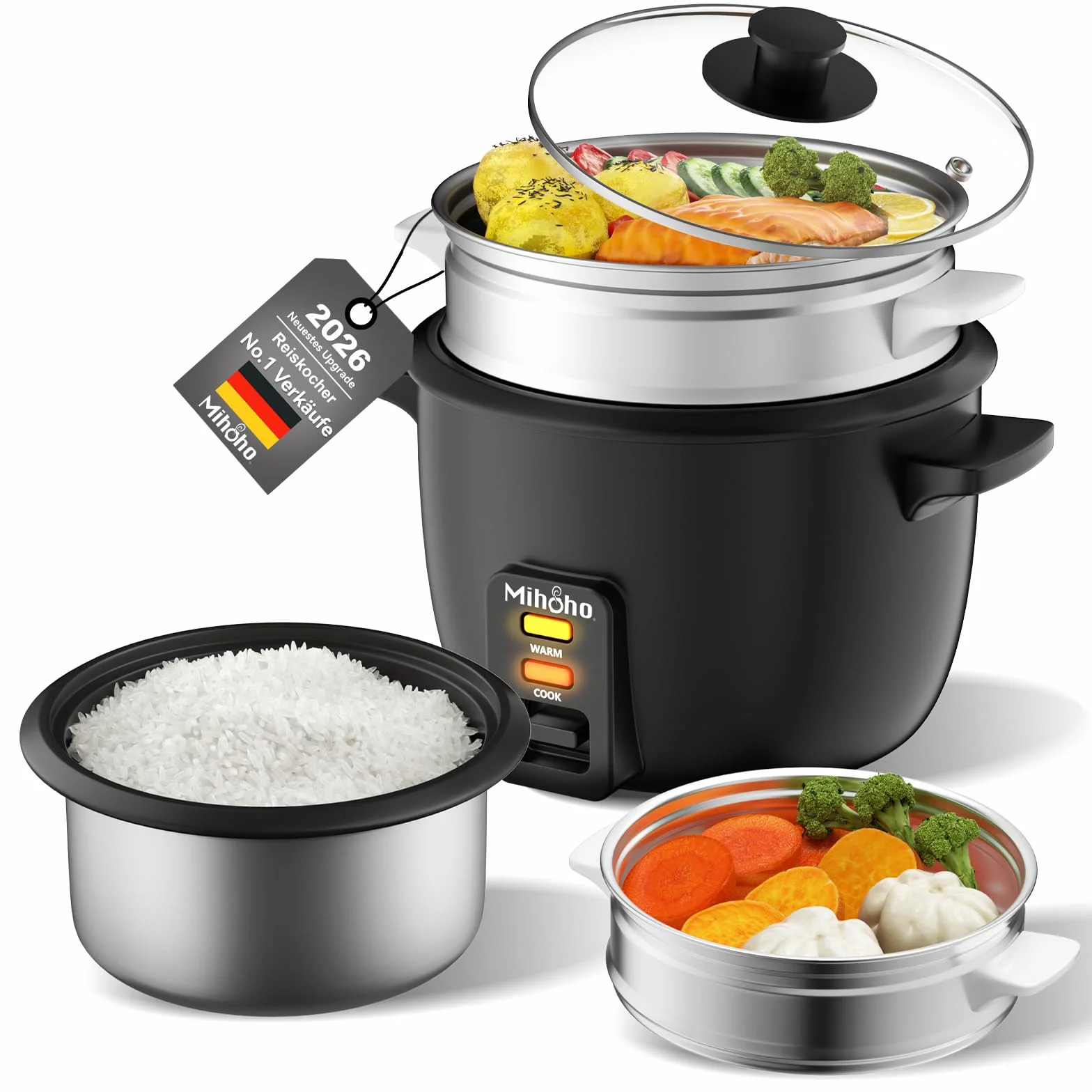 Cuociriso elettrico da 2 l, ciotola in acciaio inox con coperchio in vetro, funzione di mantenimento al caldo, funzione di cottura a vapore, con inserto per vapore, cucchiaio, misurino (nero F)
