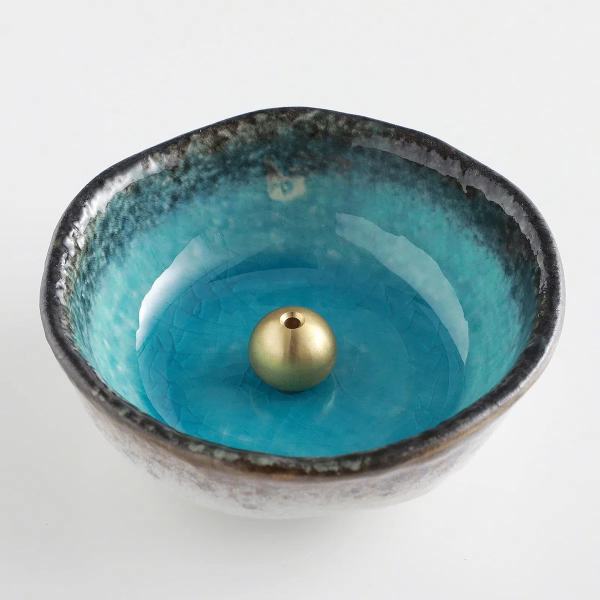 Asayu Japan Mini Porta Incenso per Bastoncini (8.3cm) Set di Cattura Cenere in Ceramica con Supporto Rimovibile in Ottone per Brunciaincenso, Fatto in Giappone, Per Relax (Blu Oceano Naturale)