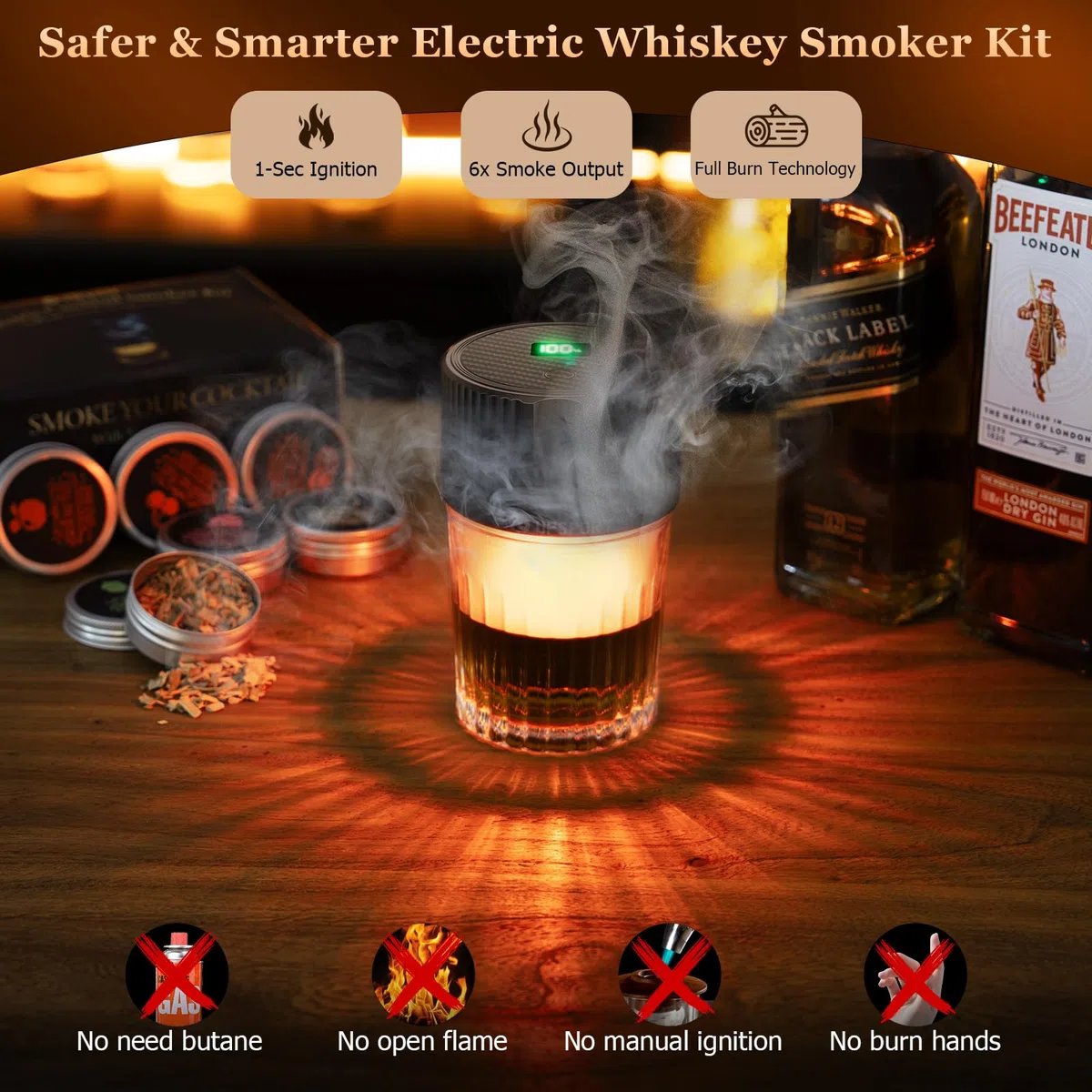 Kit affumicatore elettrico per whisky con 4 modalità di illuminazione, affumicatore per cocktail ricaricabile, 6 trucioli di legno, non richiede butano, regali di Natale/compleanno per uomini