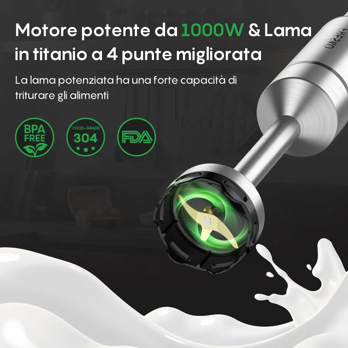 FRESKO Frullatore a Immersione 1000W, Asta in Acciaio Inox con Protezione Pentole, Bicchiere Dosatore 700ml, Velocità Variabili – per Pappe, Zuppe, Frullati, Purè, Salse