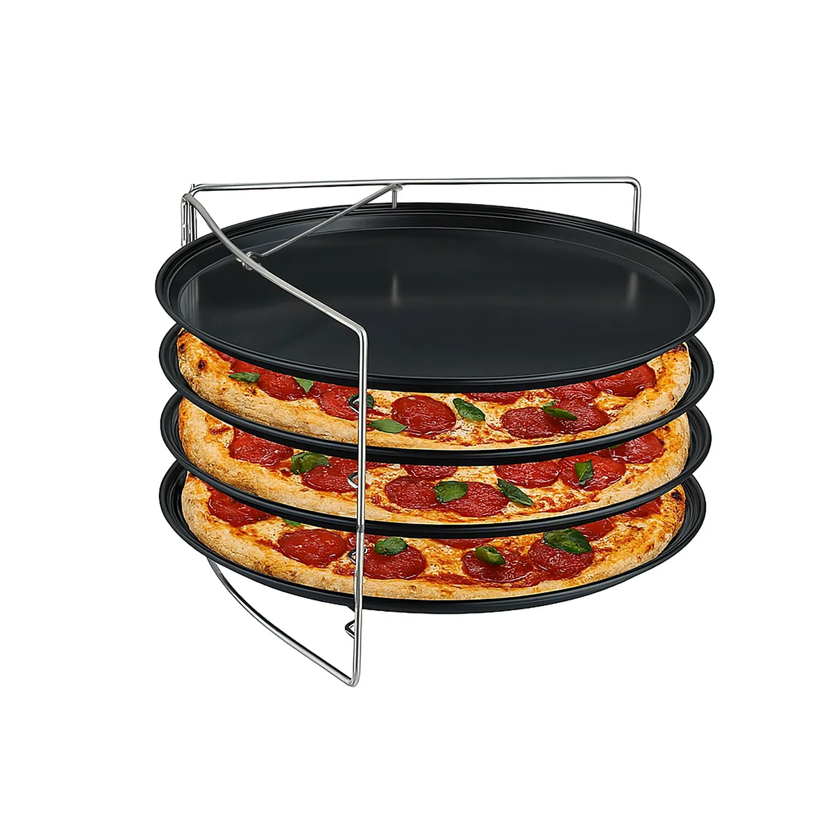 Relaxdays Teglie per Pizza Rotonde, Set da 4 in Acciaio al Carbonio Antiaderente, Supporto Inox da Forno, Impilabile