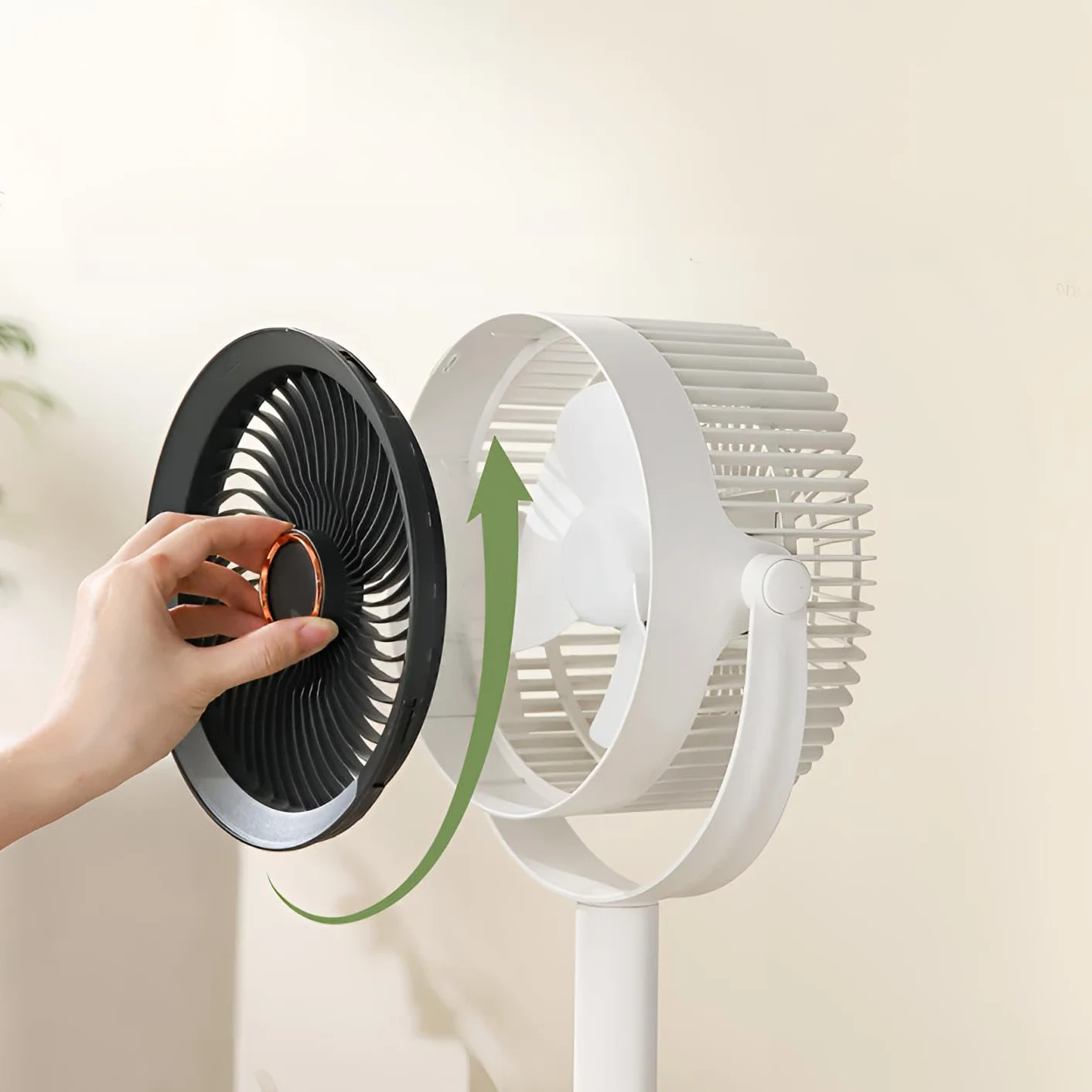 Ventilatore da scrivania in piedi per pavimento ricaricabile con luce notturna, ventilatore mobile portatile per casa, 5 modalità di velocità del vento, 4 altezze regolabili.