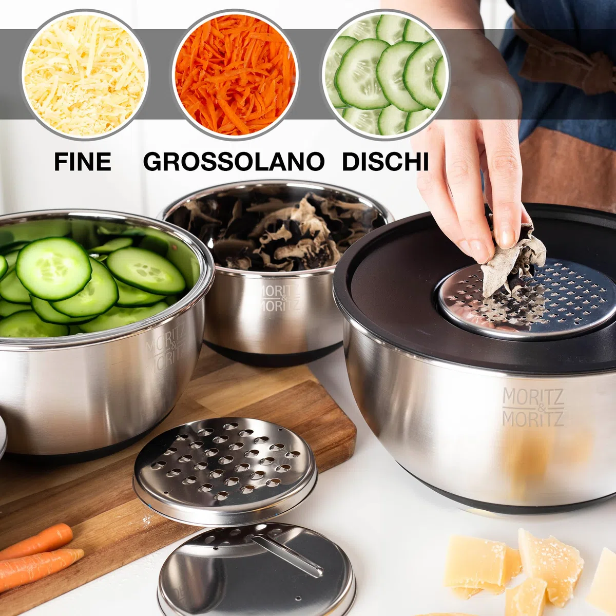 Moritz & Moritz Set 5 Ciotole in Acciaio Inox con Coperchi - Ciotole Impilabili Antiscivolo per Mescolare, Servire e Preparare, Ciotole da Insalata, Ciotole da Cucina Resistenti per Uso Quotidiano