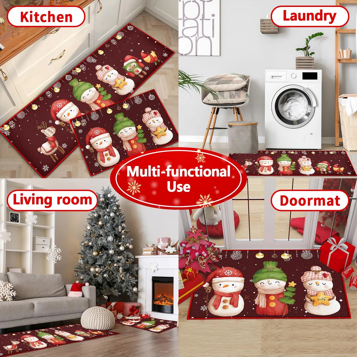 Set di 2 tappetini da cucina di Natale, tappeti natalizi lavabili antiscivolo per corridoio, soggiorno, cucina, Lavanderia (Natale Rosso G, 43x150 cm+43x75 cm)