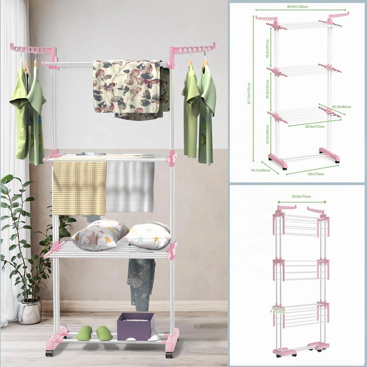 Innotic Stendino a 4 Livelli in acciaio inox, con Ruote Pieghevole Stendibiancheria Salvaspazio per uso Interno Esterno balcone, rosa+bianco