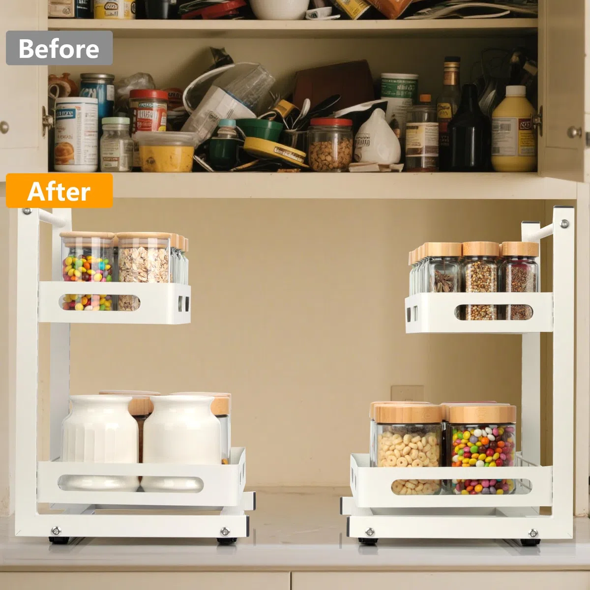 VINATO Organizer Sottolavello Cucina, 2 Livelli Metallo Organizzatore Cassetti Cucina, Regolabile in Altezza Scaffale Organizzatore Sotto Lavello, Organizer Detersivi per Bagno, Spezie, Bianco
