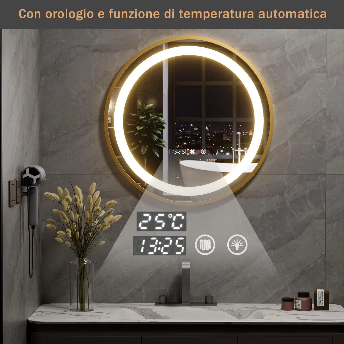 Specchio Bagno con Luce LED a 3 Colori Rotondo, Specchio led bagno con Antiappannamento,3000K-6000K Luminosità Regolabile,Impermeabile IP44, Funzione Memoria, Adatto per Bagni e Parrucchieri (50x50cm)