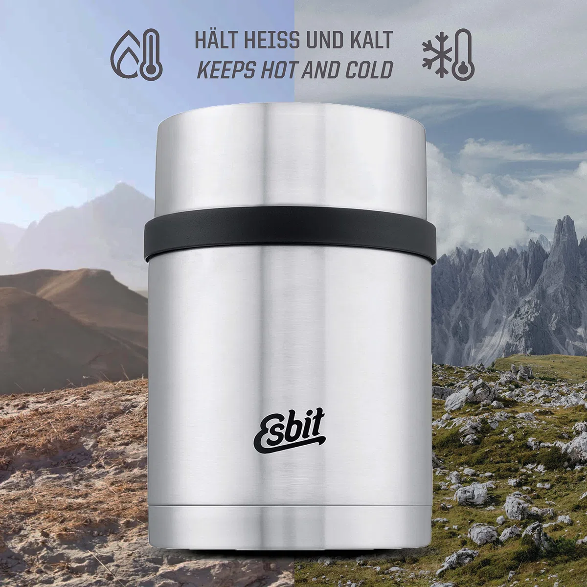 Esbit Sculptor - Contenitore termico per cibo, in acciaio inox, senza BPA, argento, nero e altro, 500 ml, 750 ml e 1 litro, per cibi caldi e freddi, per zuppe e insalate, per la scuola e il lavoro