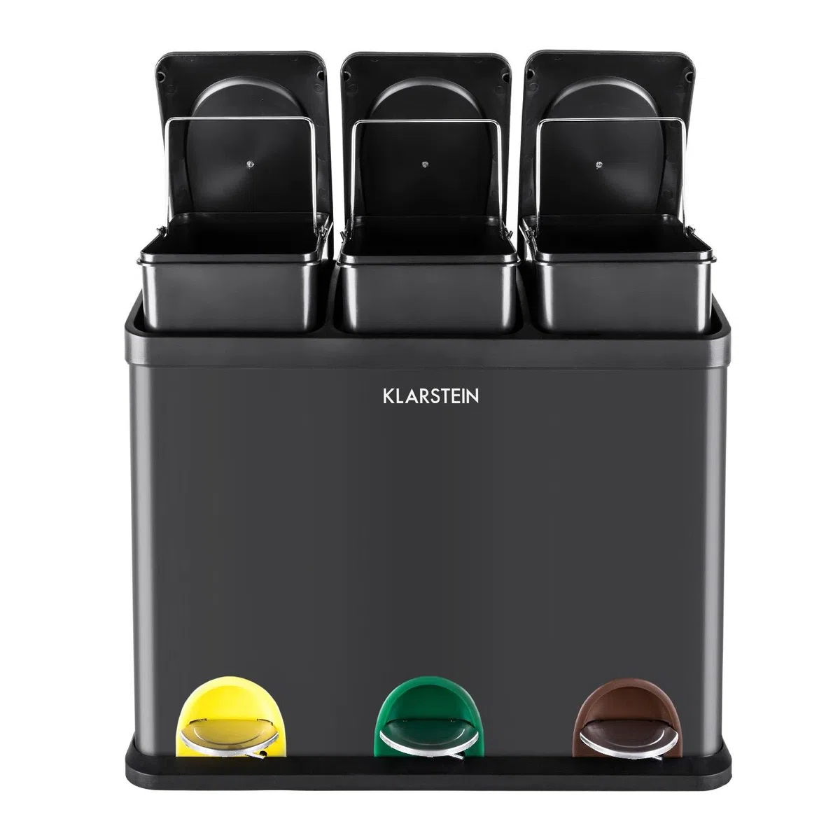 Klarstein Ökosystem - Pattumiera a Pedale, Cestino Per Raccolta Differenziata con 3 Secchi, 45 Litri di Volume, 3 Scomparti, Contrassegni Colorati, Acciao Inox, 45L (3 x 15 L), Nero