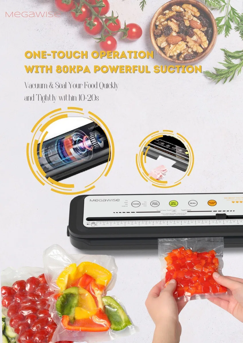 Macchina per sottovuoto MegaWise – Modello 2025, aspirazione potente 80 kPa, sigillatura automatica One-Touch, salva-alimenti compatto con taglierina integrata, 10 sacchetti di avvio inclusi - Argento