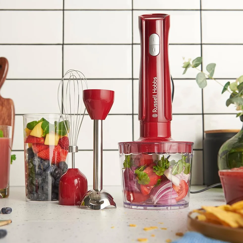 Russell Hobbs Frullatore a Immersione [3 in 1: Frullatore, Frusta e Lame Tritatutto] Desire Rosso (600ml, Parti lavabili in lavastoviglie, Lame acciaio inox, Per frullati, zuppe, salse) 27142-56