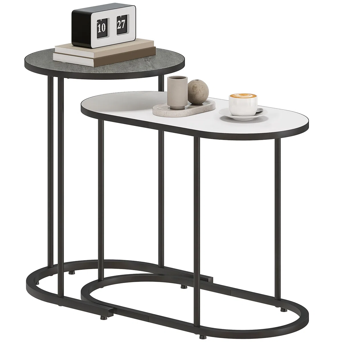HOMCOM Set di 2 Tavolini da Salotto Impilabili, Tavolini Bassi con Telaio in Metallo per Soggiorno, Camera da Letto e Ufficio, Grigio e Bianco