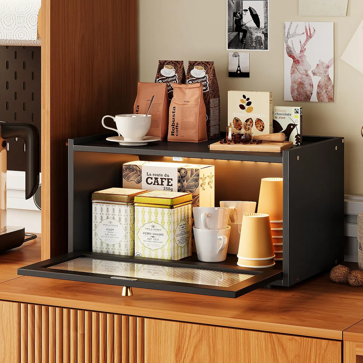 VEDECASA Contenitore per pane in bambù con illuminazione a LED, grande contenitore per il pane da cucina, per piano di lavoro con finestra, nero (nero, 1 ripiano)