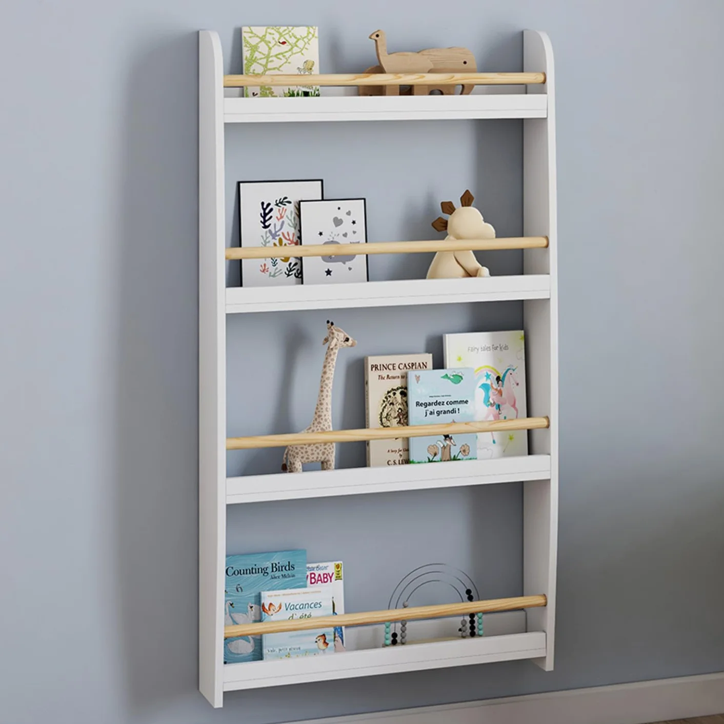 IDMarket - Libreria a muro per bambini a 4 ripiani in legno e bianco PAULETTE