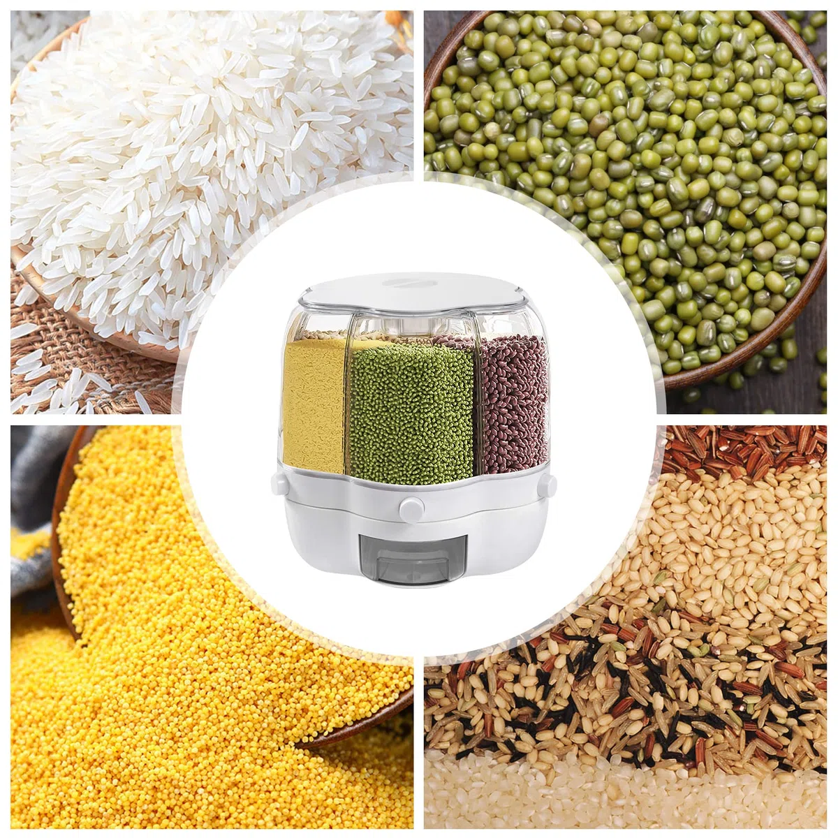 Distributore di cereali, contenitore girevole per alimenti, 6 pezzi, per conservare farina, zucchero, riso, cereali, noci, legumi e caffè.
