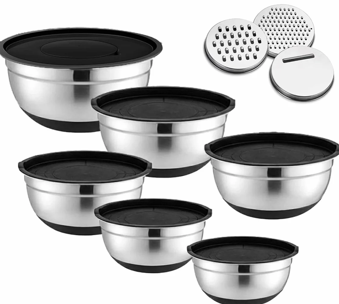 Set di 6 ciotole per la cottura, ciotola in acciaio inox con coperchio trasparente, 3 grattugie, 4,5 l/2,7 l/2 l/1,5 l/1,2 l/0,7 l, per cucinare, cuocere, cucina, nero