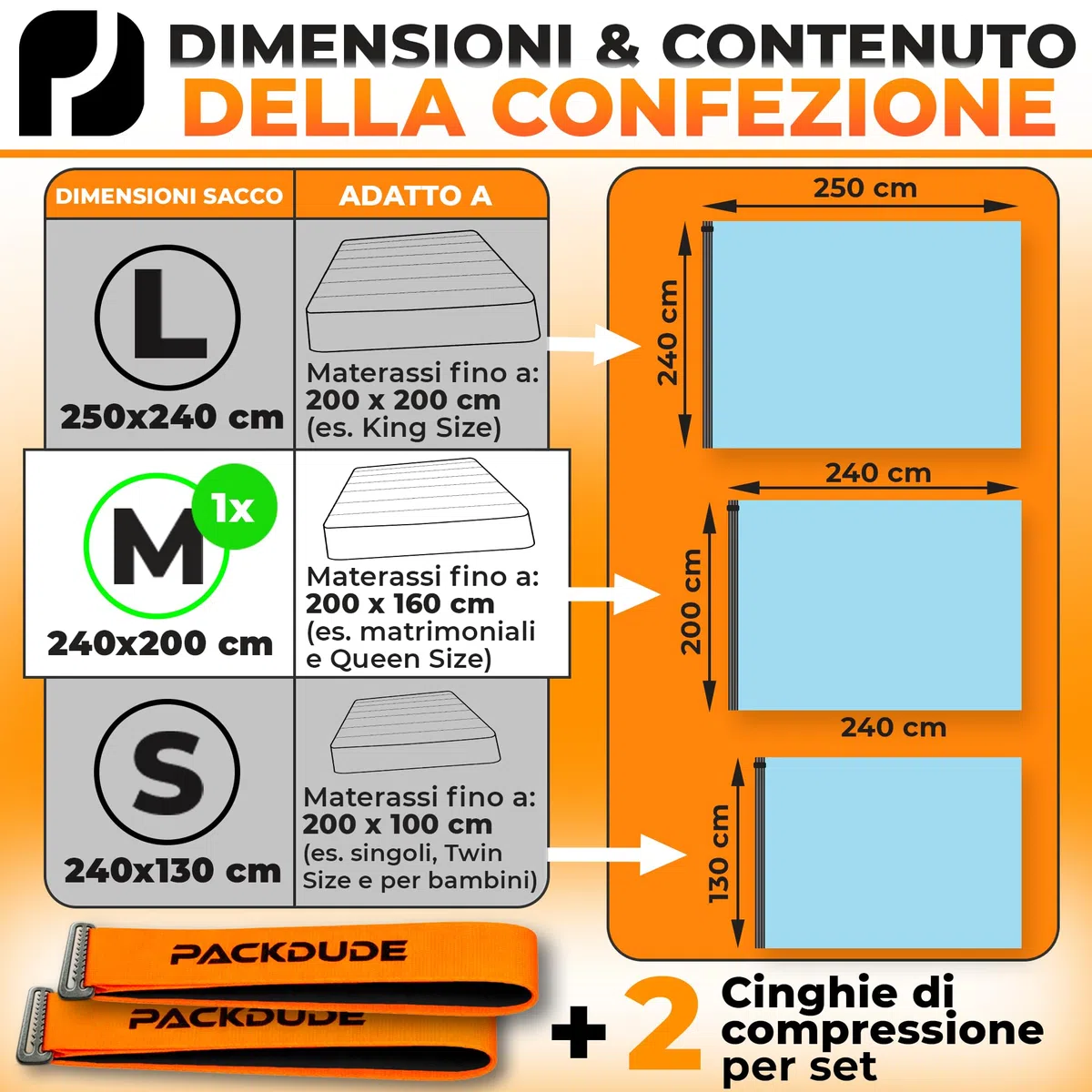 Sacco Sottovuoto Materasso Matrimoniale per Materassi fino a 200x160cm (Dim. della Sacchetto: 240x200cm) I Sacco Materasso Matrimoniale in Schiuma, Gel e Lattice I Mattress Vacuum Bag