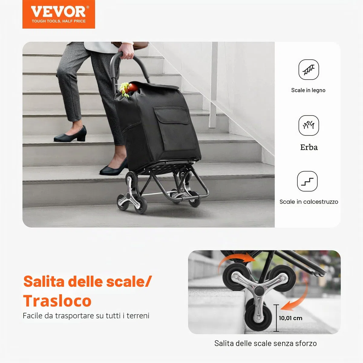 VEVOR Carrello Saliscale, Carrello Spesa Pieghevole da 36L, Carrello Spesa Carrello Lavanderia Carrello Saliscale con 6 Ruote e Borsa in Tessuto Oxford, Carrello Pieghevole per Spesa Lavanderia, Nero
