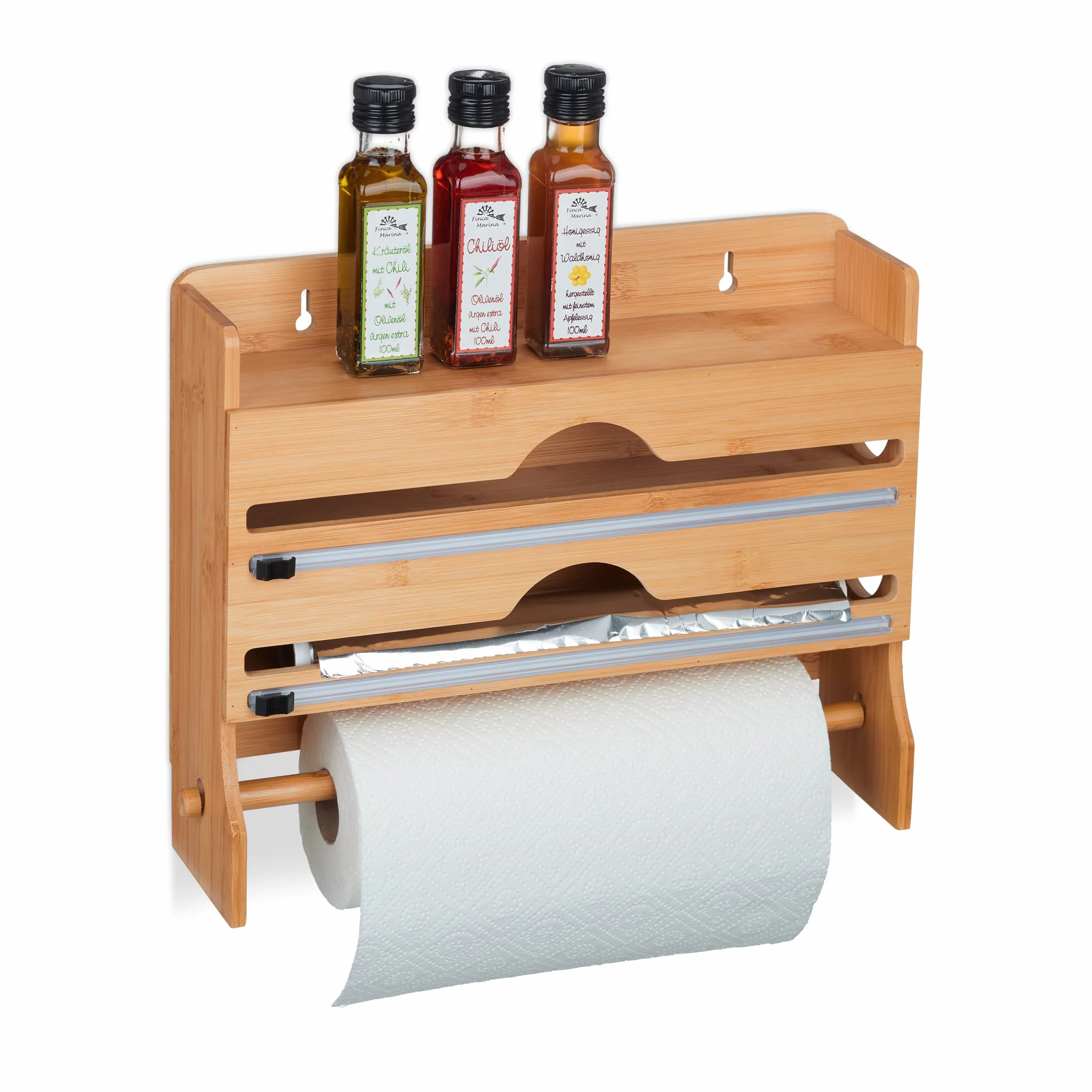 Relaxdays Porta Spezie e Scottex, 3 in 1, per Rotoli di Carta Forno, Pellicola, Alluminio e Rotolone da Cucina, Marrone