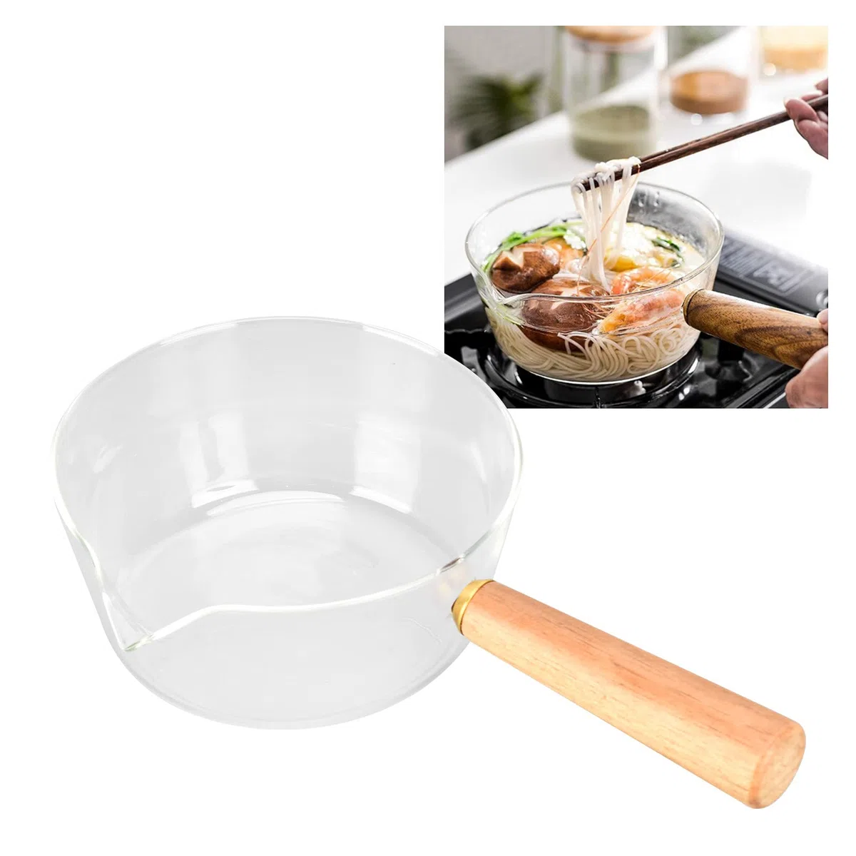 pentola per il latte con manico in legno, fornello da cucina con scaldaburro MINI adatto per pentolino induzione noodles per insalata di latte caldo(600ML)