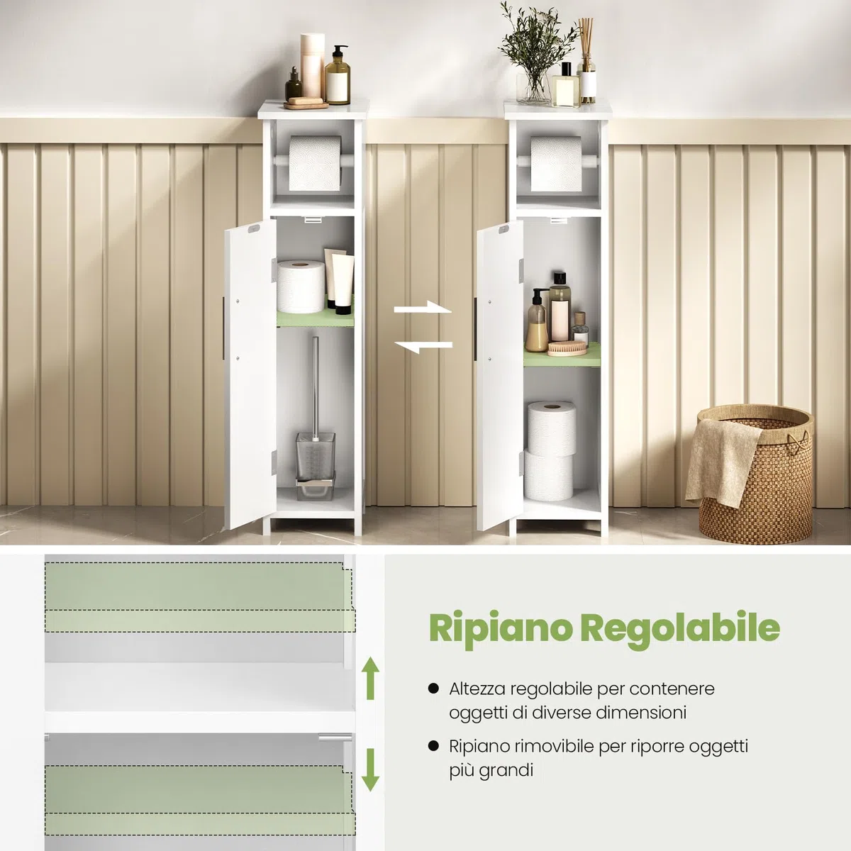 EUGAD Porta Carta Igienica da Terra, Mobile a Colonna, Mobiletto da Bagno Salvaspazio Stretto con Anta, Portarotolo Carta Igienica Bianco, in Legno, 18x18x71 cm