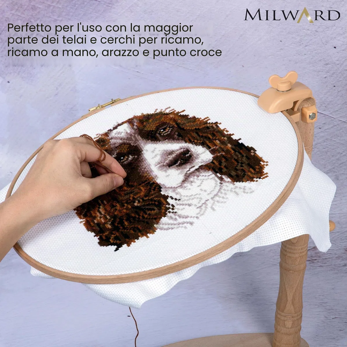 MILWARDS Telaio per sedile regolabile - a mani libere supporto per grembo, supporto per punto croce ruotabile, legno di faggio, con attacco a morsetto versatile