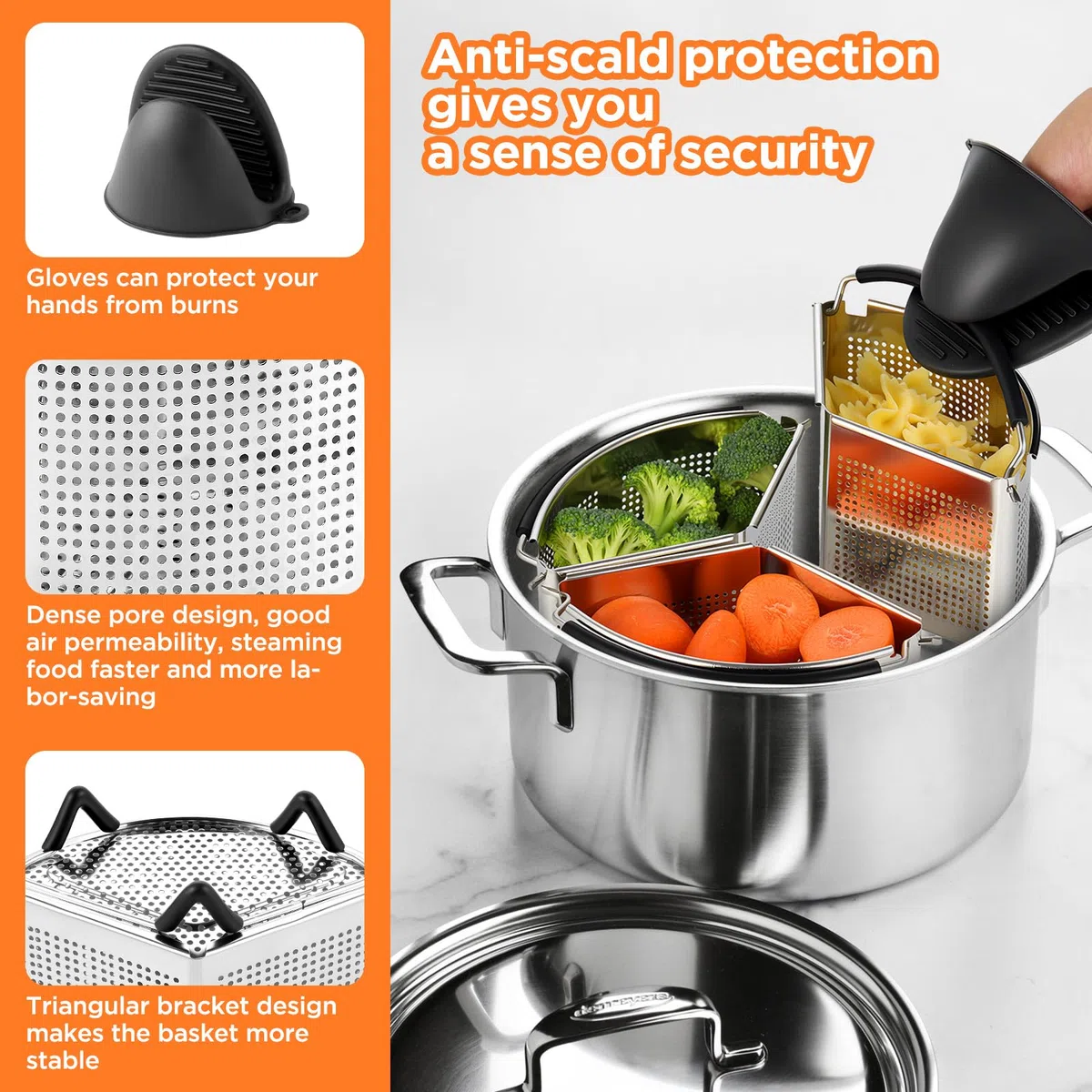 ecooe Cestello per Pasta Separata in Acciaio Inox, 3 Pezzi Cestelli Divisori per Pasta Individuali con Manici e Basi, Guanti in Silicone, Divisore per Cottura Pasta di Pasta, Verdure e Uova (19 cm)