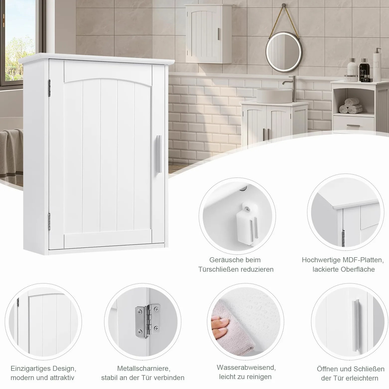 EUGAD Pensile bagno sospeso, armadietto a muro con ripiano regolabile, MDF E1, bianco, 40x51x17cm, spazio ridotto, impermeabile, facile da montare, per bagno, cucina, ripostiglio