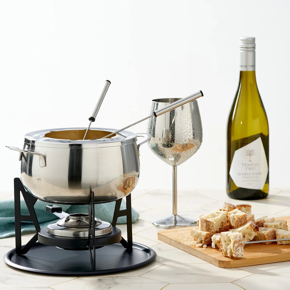 OS Oak & Steel ENGLAND Set da 10 Pezzi per Fonduta Bourguignonne in Argento con Pentole in Acciaio Inossidabile e Confezione Regalo di Design Raffinato