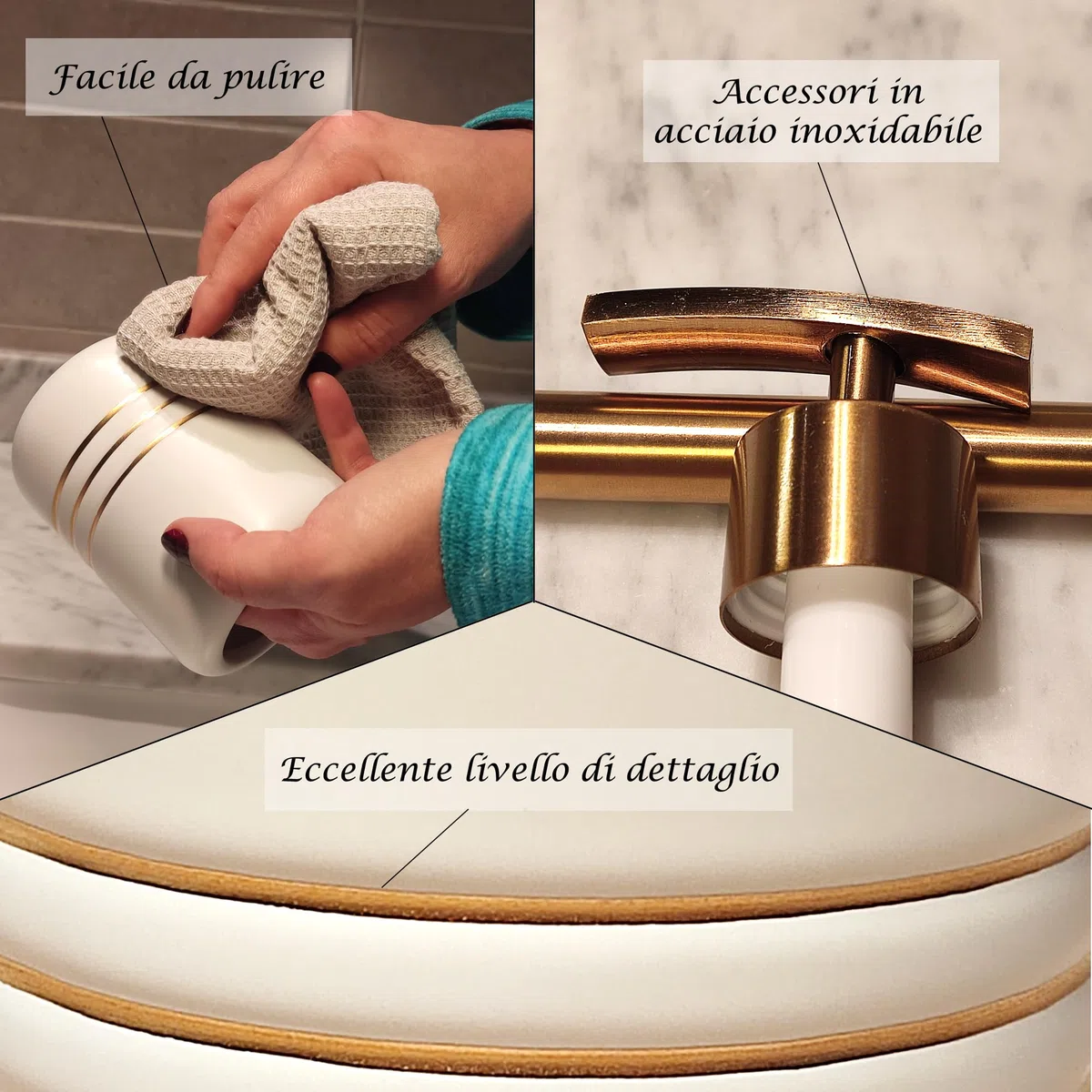 Set Bagno Accessori Completo di Lusso, 3 Pezzi in Ceramica Kit Accessori Bagno Moderni con Scopino Bagno Wc, Porta Sapone Liquido e Spazzolini