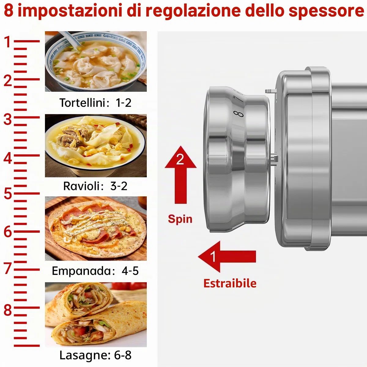 Eascandy Accessorio Laminapasta per Kenwood Mixer | Accessorio per Pasta in Acciaio Inox Compatibile con Robot da Cucina kMix | 8 Spessori Regolabili 0,3-2mm