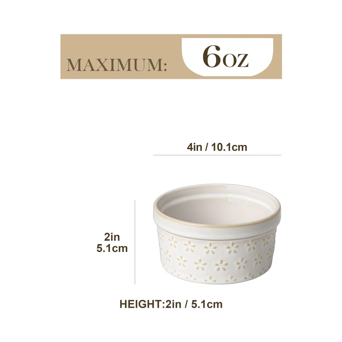 MALACASA Set di 4 Pirottini per Soufflé 180 ml con Coperchio, Ø 10,1 x 5,1 cm, Ciotoline e Stampini Rotondi da Forno in Porcellana per Dolci, Soufflé, Merenda e Snack, Bianchi, Adatti a Lavastoviglie