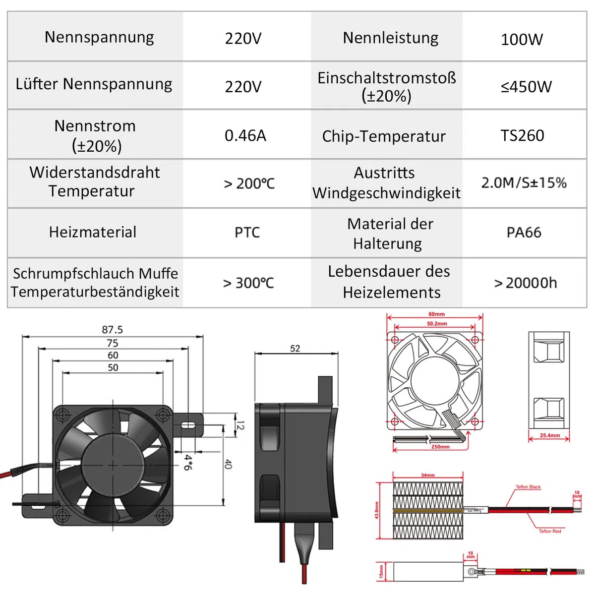 PTC, riscaldamento ad aria, 220 V, 100 W, PTC, con cavo di alimentazione, temperatura costante, riscaldamento elettrico in ceramica con ventola per umidificatore, stampante 3D, PTCYIDU
