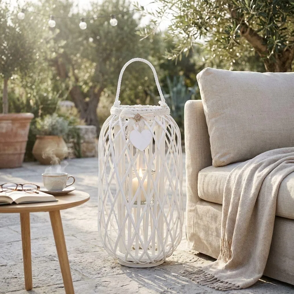 milani home Lanterna in Vimini Bianca Diametro 31x66 per Interno E Esterno, Portico, Porta Candela, Porta Fiori, Giardino Decorazioni