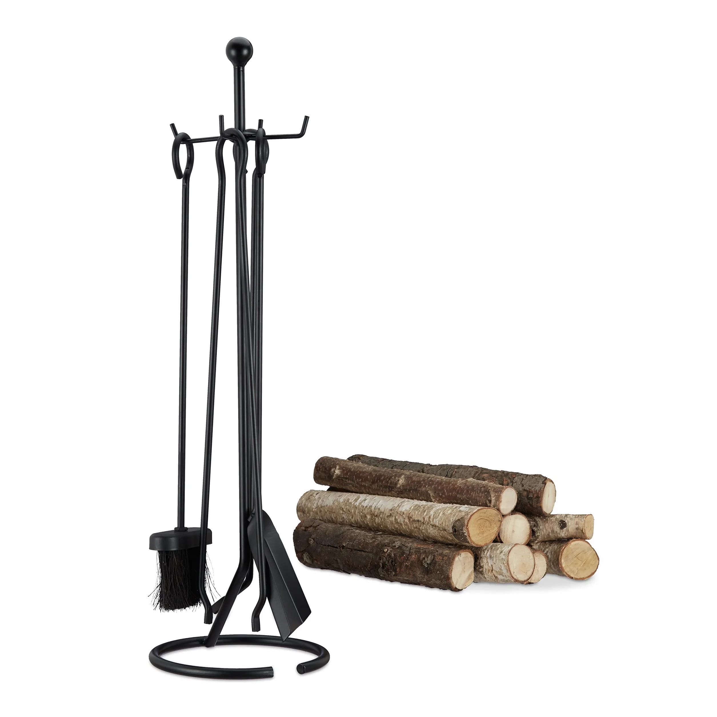 Relaxdays Set Camino Completo, 5 Accessori, Paletta, Scopetta, Attizzatoio, Pinza e Trespolo, Acciaio, Moderno, Nero