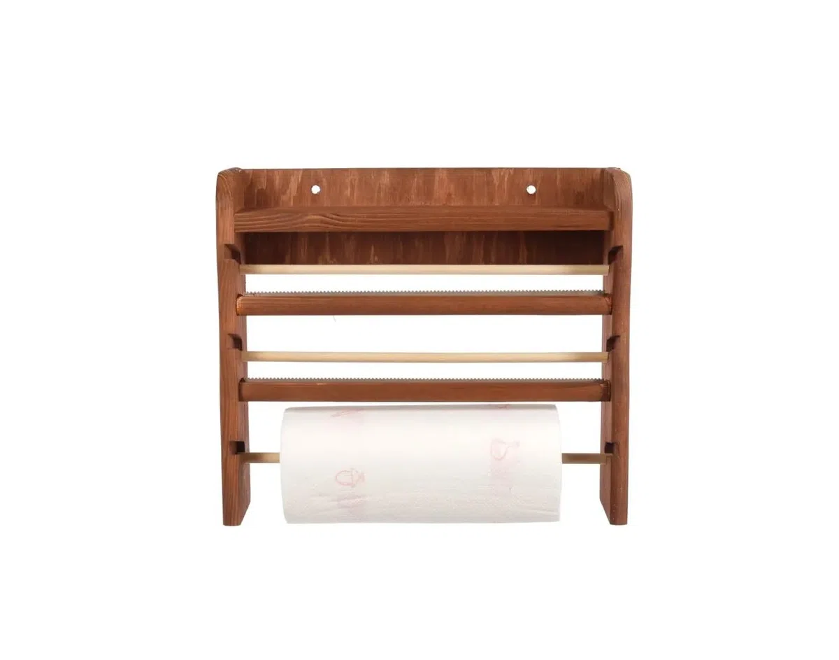 Mensola da Muro Parete Porta Rotolo Carta Scottex Asciugamani Domopack Carta Forno Pellicola Trasparente Dispenser 3in1 con 2 Taglierina Seghetto per Taglio da Cucina in Legno Scuro