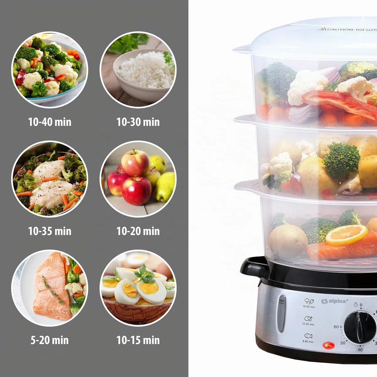 alpina Vaporeira Elettrica - Pentola a Vapore 800W - Steamer Vapore 3 Strati - Vaporiere Elettriche Senza BPA - Lavabile in Lavastoviglie - Da 0 a 60 Minuti - Capacità 9L - Grigio