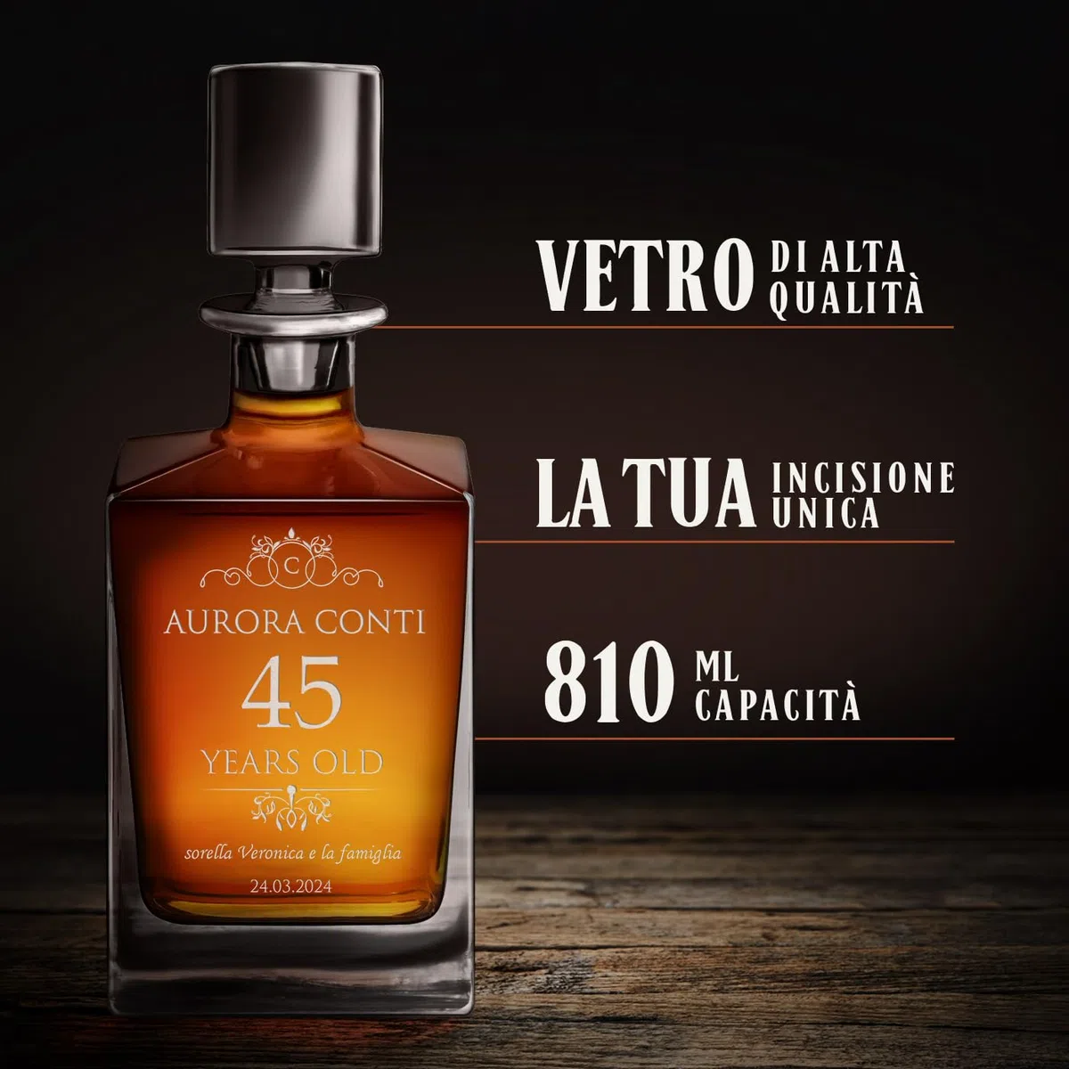 Maverton Decanter per whisky in vetro 810 ml - incisione personalizzata - Caraffa in vetro con tappo - Bottiglia per whisky e rum - pensiero originale per donna - per compleanno - Auguri