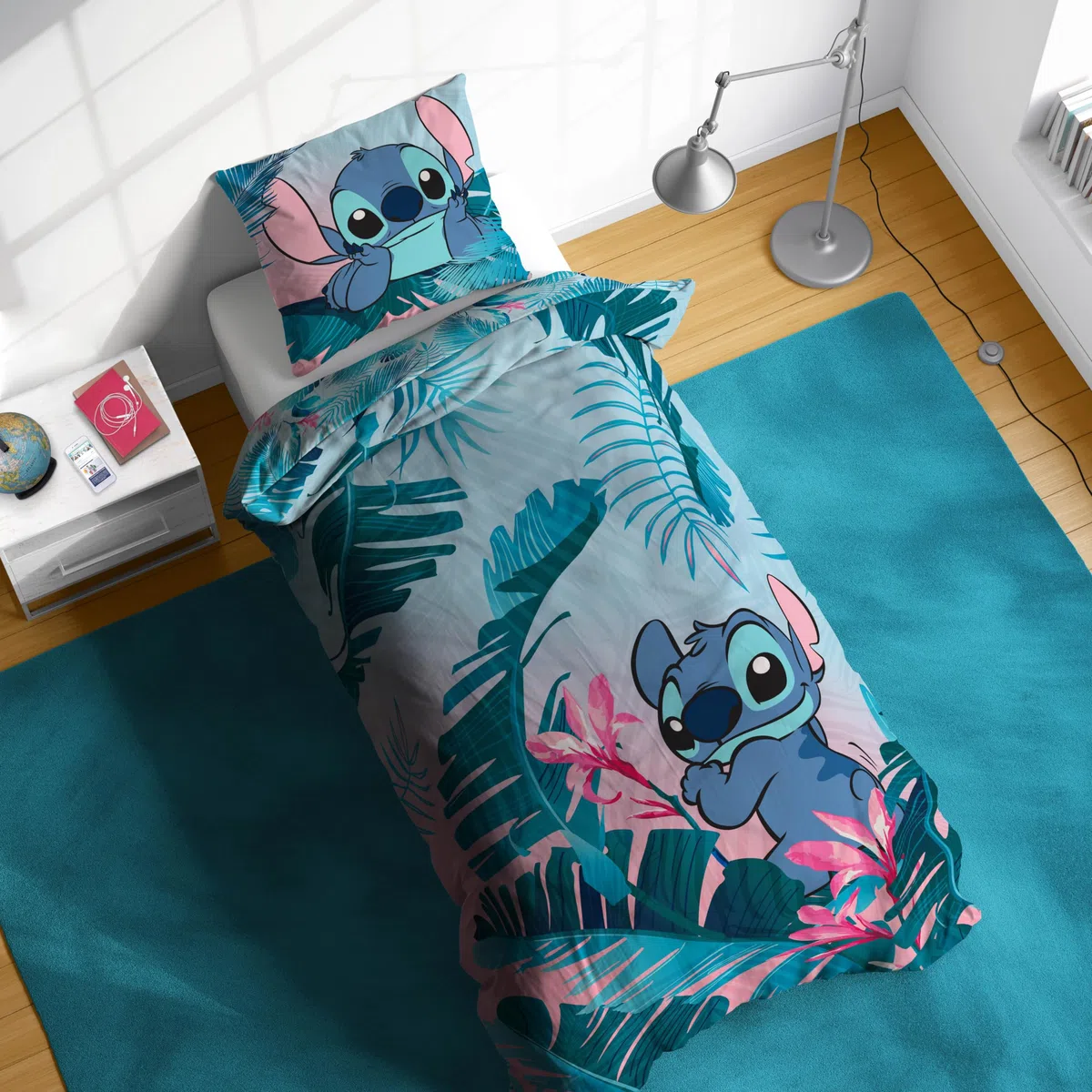Completo Piumone Singolo 100% Cotone Disney Lilo & Stitch Floreale - Include una federa per cuscino 80 x 80