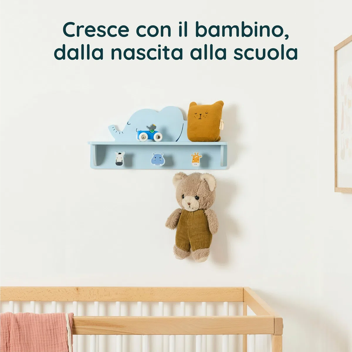 Twig & Leaf Appendiabiti da Parete Bambini in Legno FSC con 3 Ganci - Mensola Cameretta Elefante Montessori - Attaccapanni Bambini da Muro