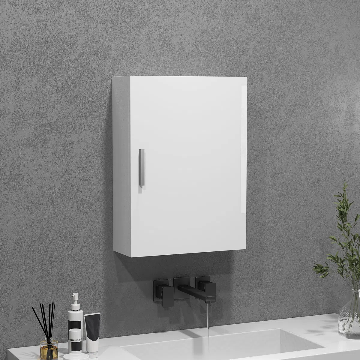 HOMCOM Armadietto Bagno da Parete in Legno e Vetro, Pensile Bagno con 3 Ripiani Regolabili su 3 Livelli, Mobiletto Sospeso con Porta, 40x15x55 cm, Bianco Lucido