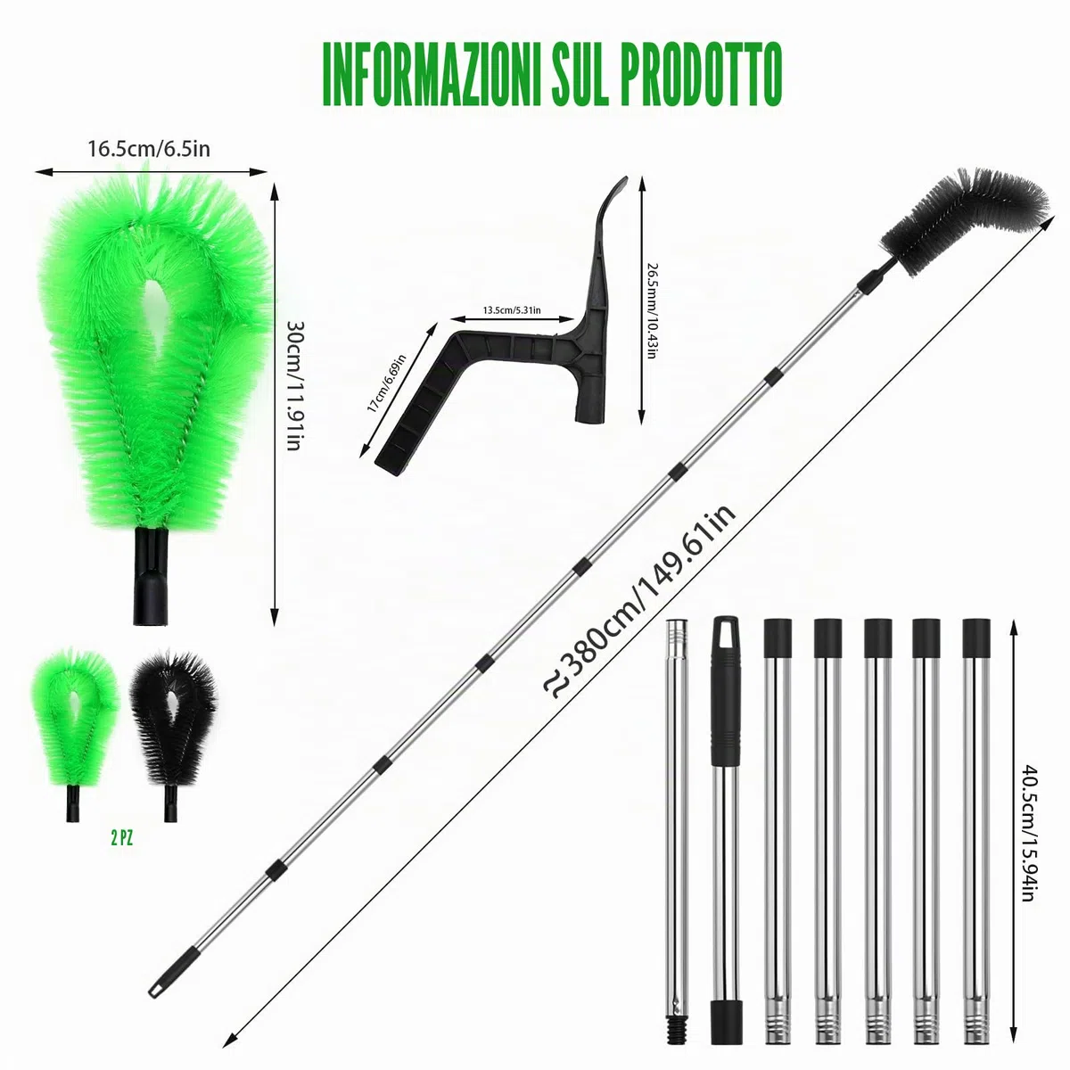 Pulisci Grondaie Telescopico, Pulizia Grondaie, Strumento Telescopico per la Pulizia di Grondaie Allungabile 390 cm con 9 Bar+2 Testine + Cucchiaio