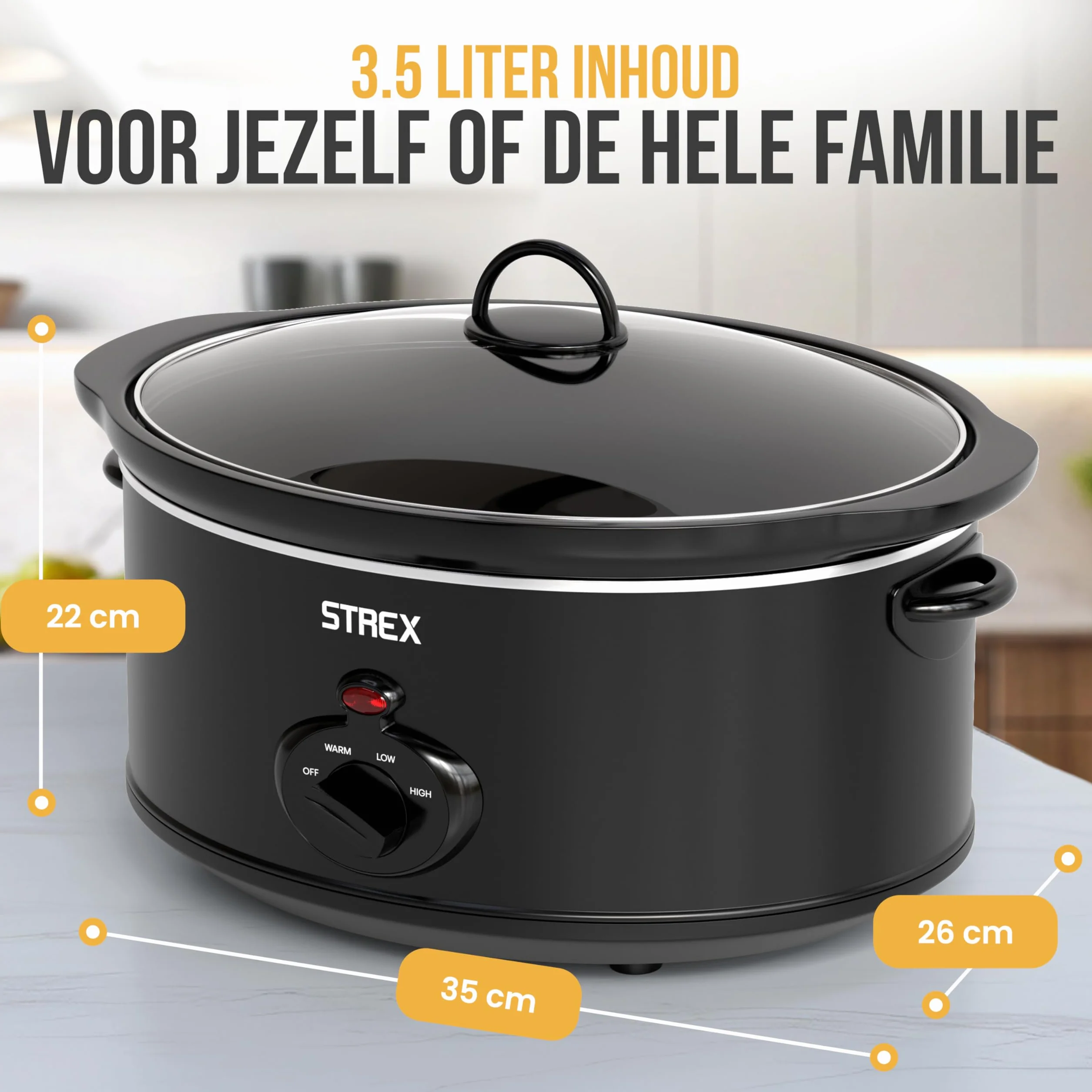 Strex Pentola a cottura lenta 3,5 L - Pentola interna in ceramica rimovibile - Funzione di mantenimento in caldo - Slow Cooker - Nero