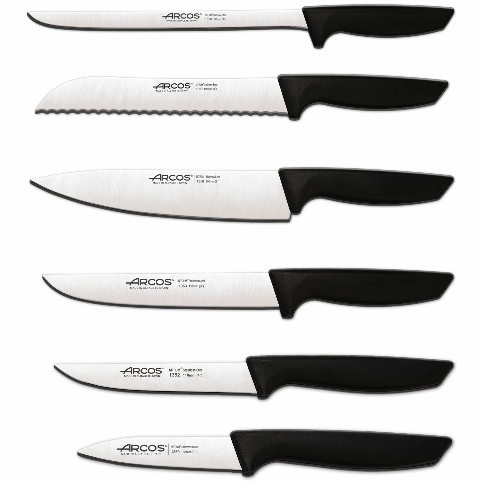 Arcos Set di coltelli da cucina professionali | coltelli da cucina professionali | 6 pezzi | coltelli in acciaio inox manico nero | utensili da cucina serie Nizza | lavabile in lavastoviglie