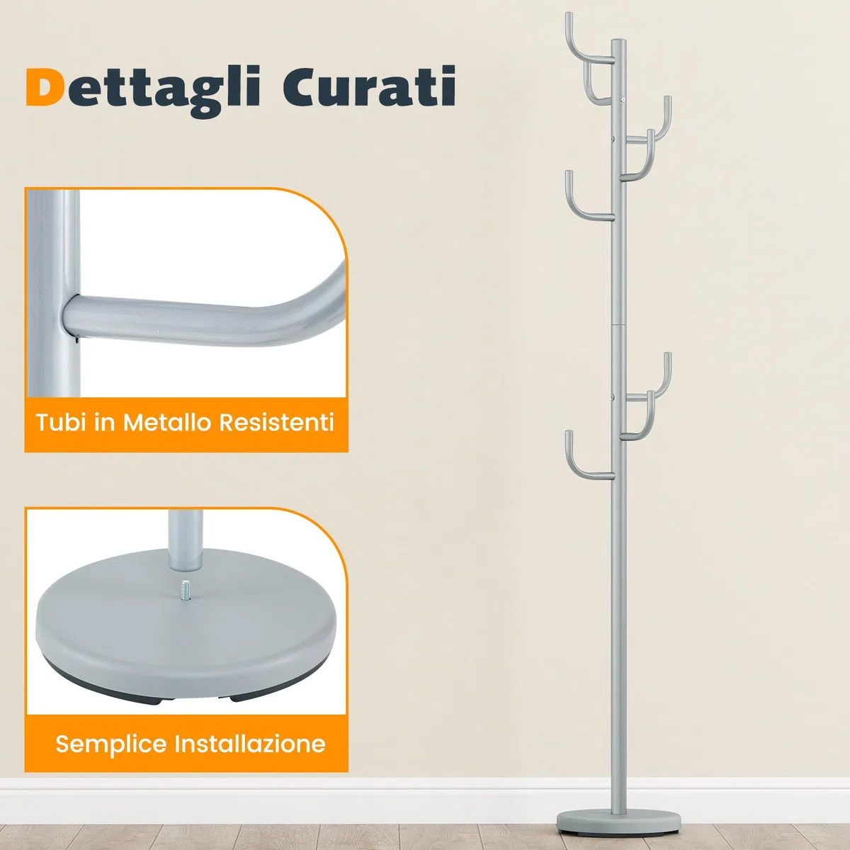 COSTWAY Appendiabiti 175 cm, Attaccapanni da Terra con 8 Ganci, Base Ponderata, Appendiabiti in Metallo Robusto con 2 Opzioni di Altezza per Ingresso Ufficio Camera da Letto