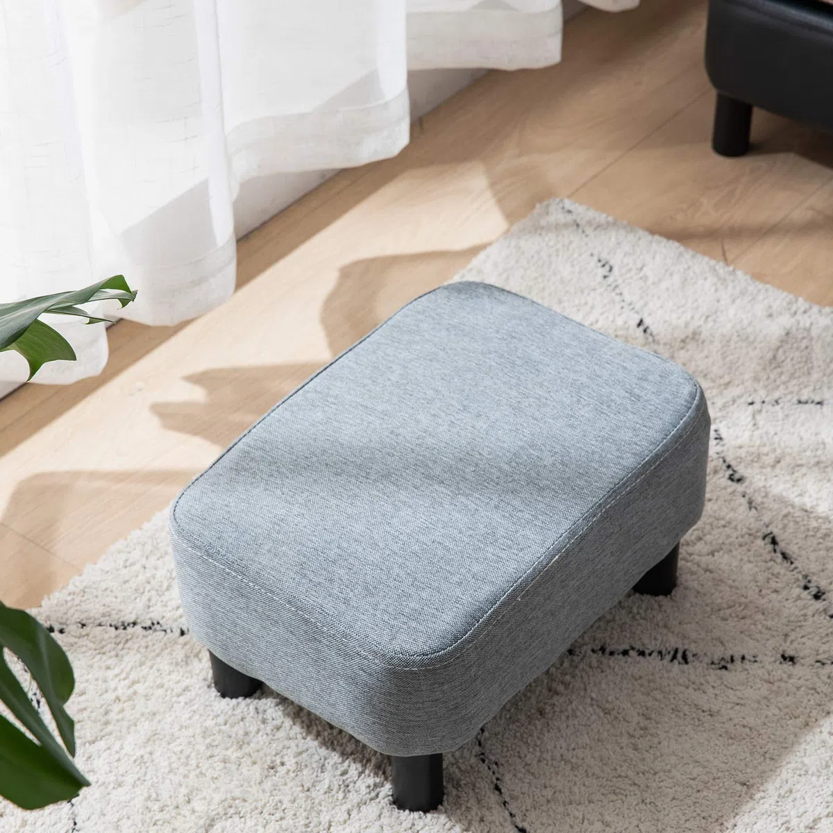 IBUYKE Poggiapiedi Piccolo, Pouf in Tessuto di Lino, Ottomana Rettangolare con Seduta Imbottita Gambe in Legno di Pino e Imbottite, Grigio Chiaro RF-BD214-D